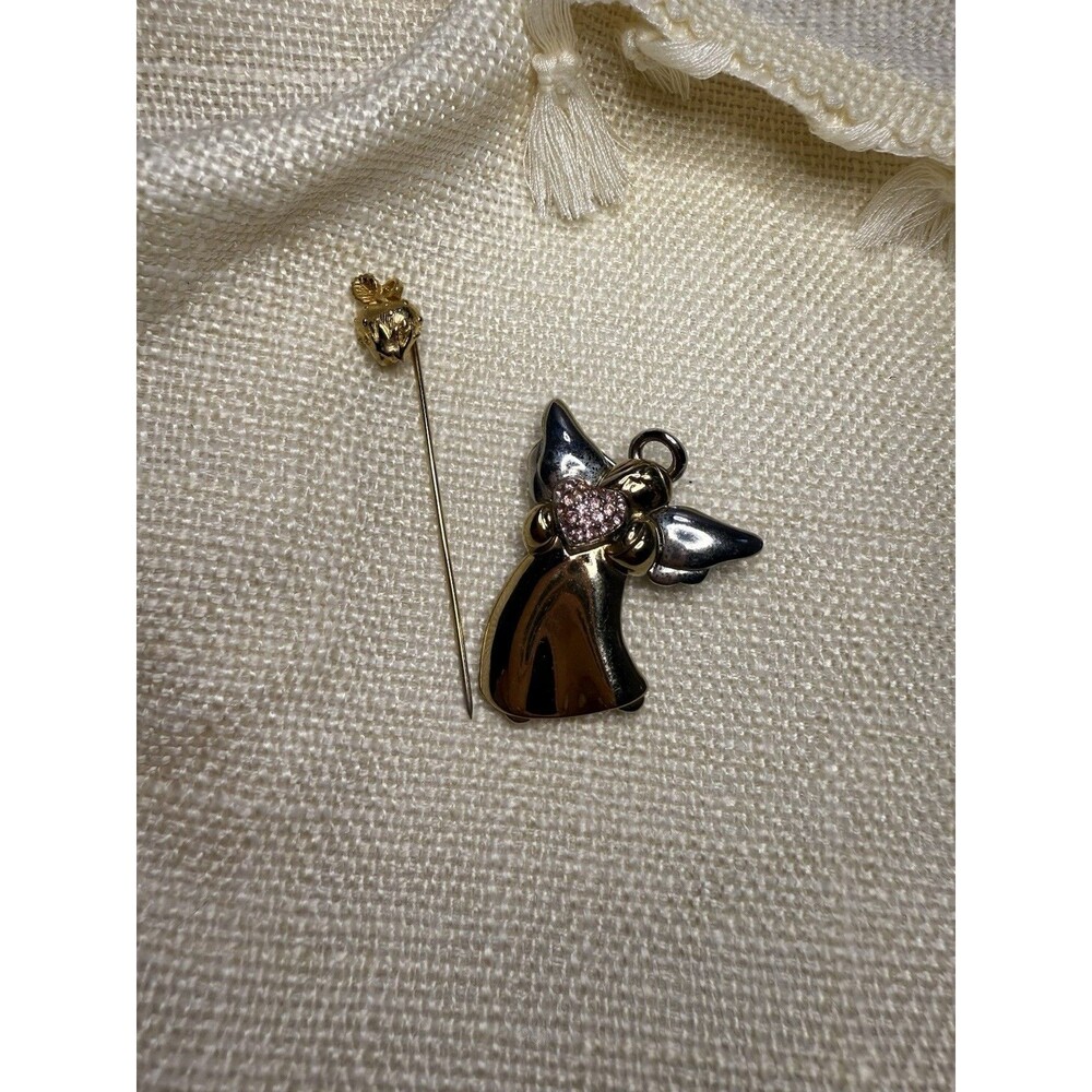 Vintage Angel‎ Brooch & Crown Heart Stick Pin Set – Gold & Pink Rhinestone